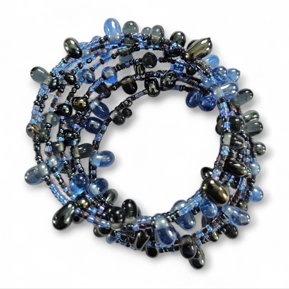 Blue Crystal Beaded Coil Wrap Bracelet, 8-Layer Glass Seed Bead Boho Jewelry - Picture 2 of 3